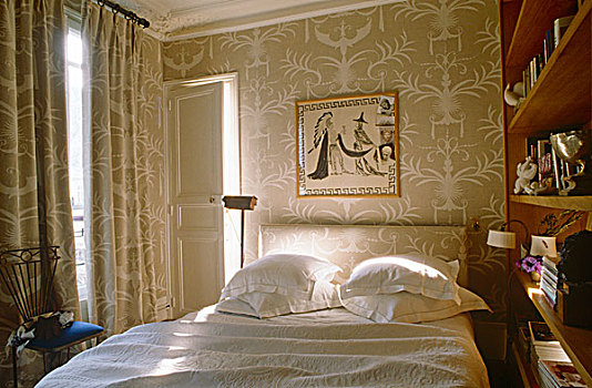 卧室,壁纸,帘,床头板,相同,精美,灰色,白色,给,感知,留白,房间