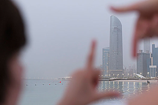 人,看穿,手指框,沿岸,摩天大楼