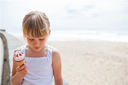 女孩,冰淇淋,靠近,海滩