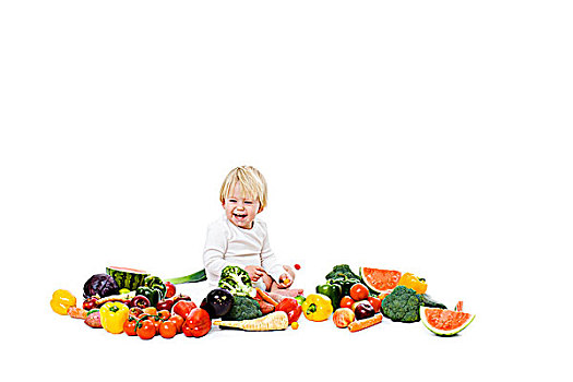 棚拍,男婴,围绕,新鲜,蔬菜
