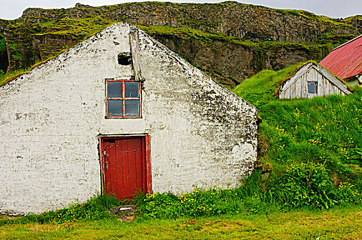 冰岛,农场,靠近,瀑布,谷仓,草皮,屋顶