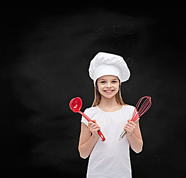 烹调,人,概念,微笑,小女孩,厨师帽,长柄勺,搅拌器