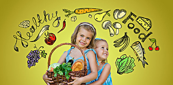 两个,小,女孩,拿着,篮子,有机食品,素描,健康标识,背景