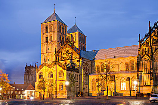 芒斯特,大教堂,夜晚,北莱茵威斯特伐利亚,德国,欧洲