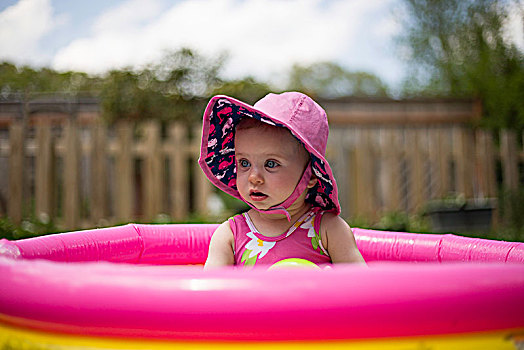 婴儿,粉色,帽子,坐,儿童池,孩子,水池,夏天