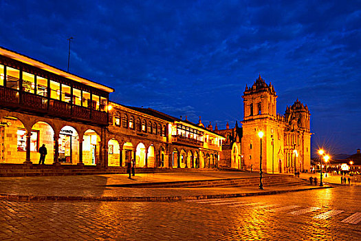 大教堂,黄昏,广场,阿玛斯,省,库斯科,秘鲁,南美
