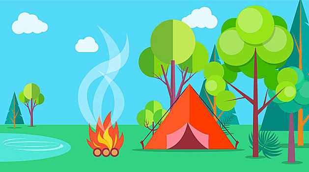 露营,时间,夏天,模版,海报,帐蓬,隔绝,红色,靠近,篝火,许多,绿色,树,户外,放松,清新空气