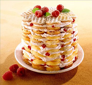 华夫饼,蛋糕,树莓,奶油