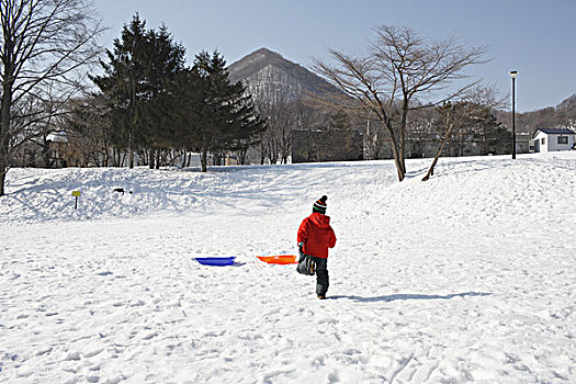 孩子,跑,雪原