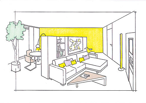 插画,斜,客厅,餐厅,休闲沙发,区域