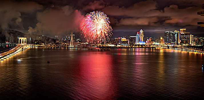 澳门,海面,夜景,灯光,大桥,烟花