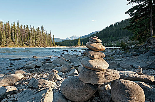 堆,石头,岸边,阿萨巴斯卡河,艾伯塔省,加拿大