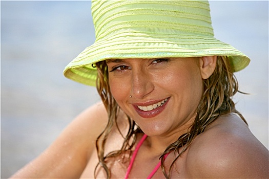 微笑,女人,帽子,海岸