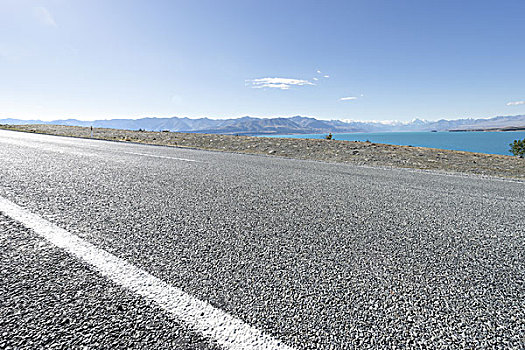 沥青,道路,靠近,湖,夏天,新西兰