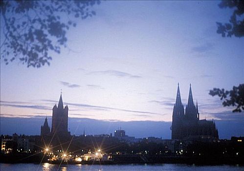 科隆,夜晚,莱茵河,教堂,天际线,晚间,气氛,德国,欧洲,世界遗产