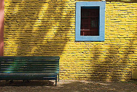 涂绘,黄色,砖墙,蓝色,窗户,绿色,长椅,布宜诺斯艾利斯,阿根廷