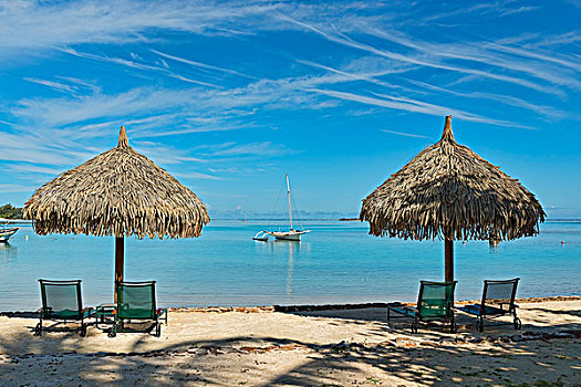伞,沙滩椅,海滩,茉莉亚岛,法属玻利尼西亚,大洋洲