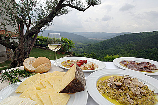 调味,桌子,正面,山,农场,商品,山羊乳酪,块菌,白葡萄酒