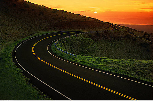 弯曲,公路,日落,毛伊岛,夏威夷,美国
