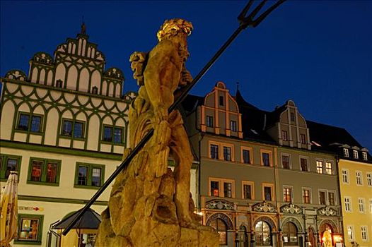 世界遗产,雕塑,喷泉,市场,夜晚,魏玛,图林根州,德国