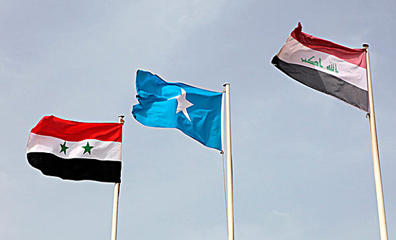 新,伊拉克,旗帜,右边,三个,星,白色,索马里,叙利亚,旗,飘扬,阿拉伯,顶峰,多哈,卡塔尔