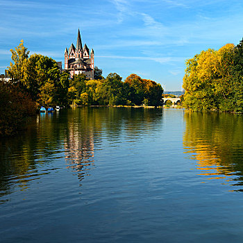 林堡,大教堂,城堡,上方,河,秋天,水,反射,黑森州,德国,欧洲