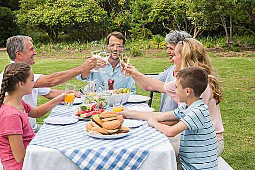 家庭,祝酒,餐饭,户外,野餐桌
