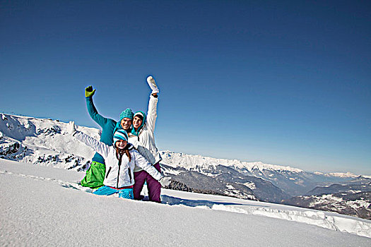 伴侣,女儿,滑雪,穿戴,玩,雪中
