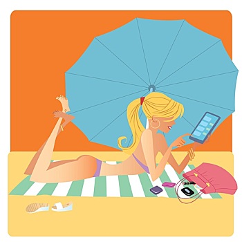 女孩,比基尼,海滩,垫,交易,智能手机