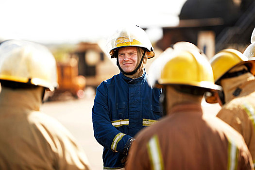 消防员,培训,听,经理,设施,上方,肩部,风景