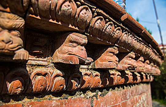 加德满都,尼泊尔,东方,文化,墙壁,多,动物头,装饰,上面,石头