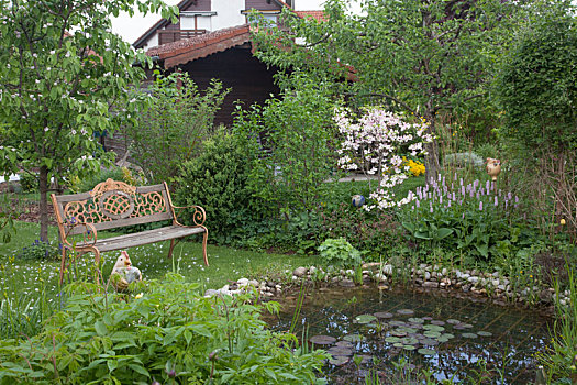浪漫,春天,花园,长椅,水塘