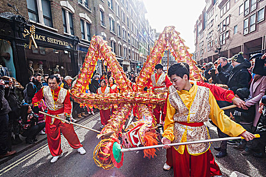 英格兰,伦敦,在家办公,唐人街,春节,节日,游行,舞龙