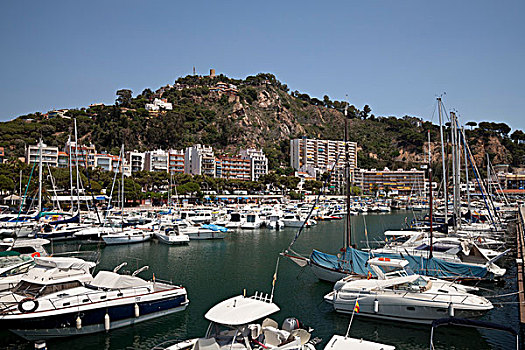 码头,正面,山,城堡,哥斯达黎加,加泰罗尼亚,西班牙,欧洲