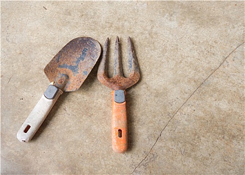 种植,设备,老,生锈,叉子,勺子