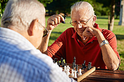 动作,退休,人,两个,老人,玩,下棋,公园