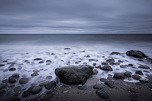 平和,阴天,灰色,海景,石头,海滩,丹麦