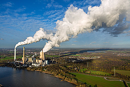 发电站,煤,电厂,莱茵河,释放,烟,烟囱,冷却塔,地区,北莱茵威斯特伐利亚,德国,欧洲