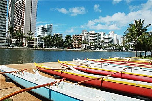 夏威夷,瓦胡岛,檀香山,排列,彩色,舷外支架,独木舟,靠近,运河,怀基基海滩,建筑,水