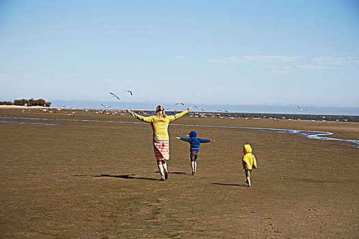 母亲,儿子,走,海滩,湾,纳米比诺克陆夫国家公园,纳米比亚