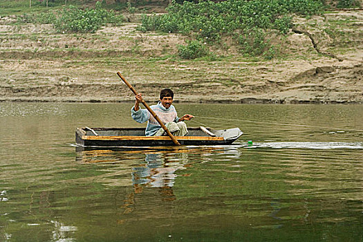 渔夫,捕鱼,浅,水,河,小艇,孟加拉,2008年
