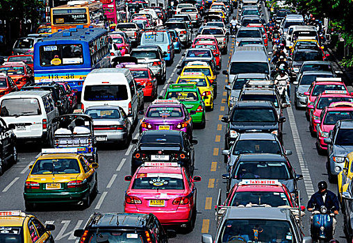 排,汽车,多车道,道路,曼谷,泰国,亚洲