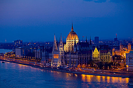 匈牙利,布达佩斯,夜晚,俯视,城市,靠近,多瑙河