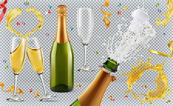 香槟,玻璃杯,瓶子,溅,矢量,象征