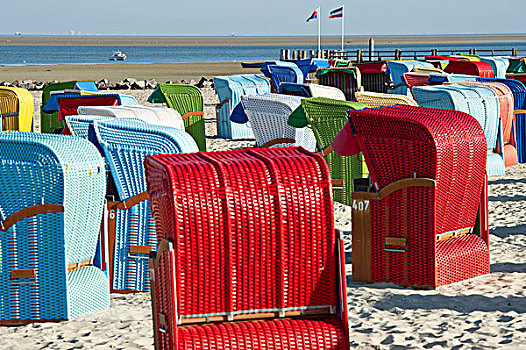彩色,沙滩椅,海滩,岛屿,北方,石荷州,德国,欧洲