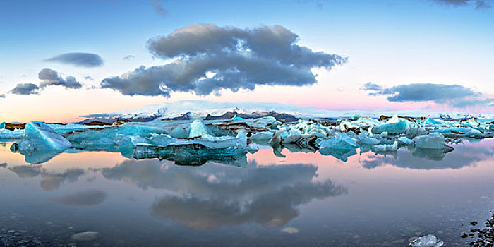 杰古沙龙湖,东方,冰岛,北欧,小,冰山,排列,冰河,泻湖,日出