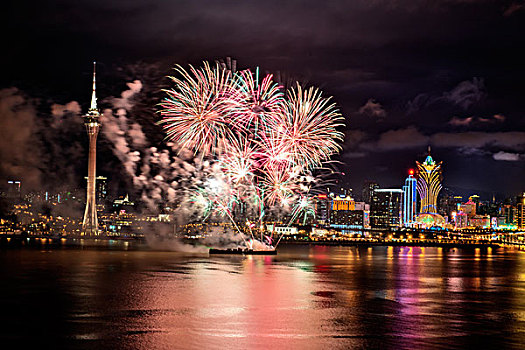 澳门,海面,夜景,灯光,烟花