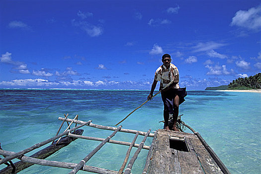 斐济,群体,岛屿,海滩,男人,舷外支架,独木舟