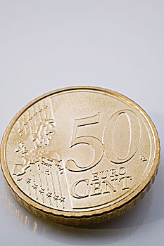 50分,欧元硬币,白色背景
