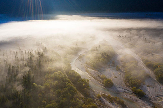 雾,俯视,伊萨河,山谷,陆地,上巴伐利亚,巴伐利亚,德国,欧洲